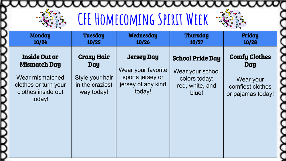 Homecoming Spirit Week Calendar